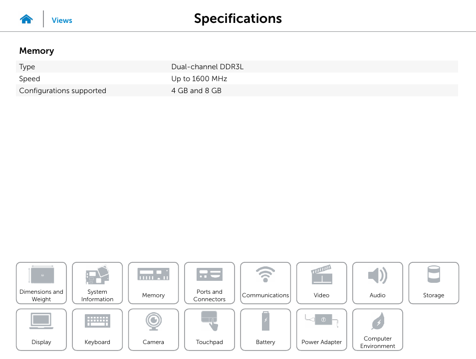 Memory, Specifications | Dell XPS 13 (9333, Late 2013) User Manual | Page 8 / 20