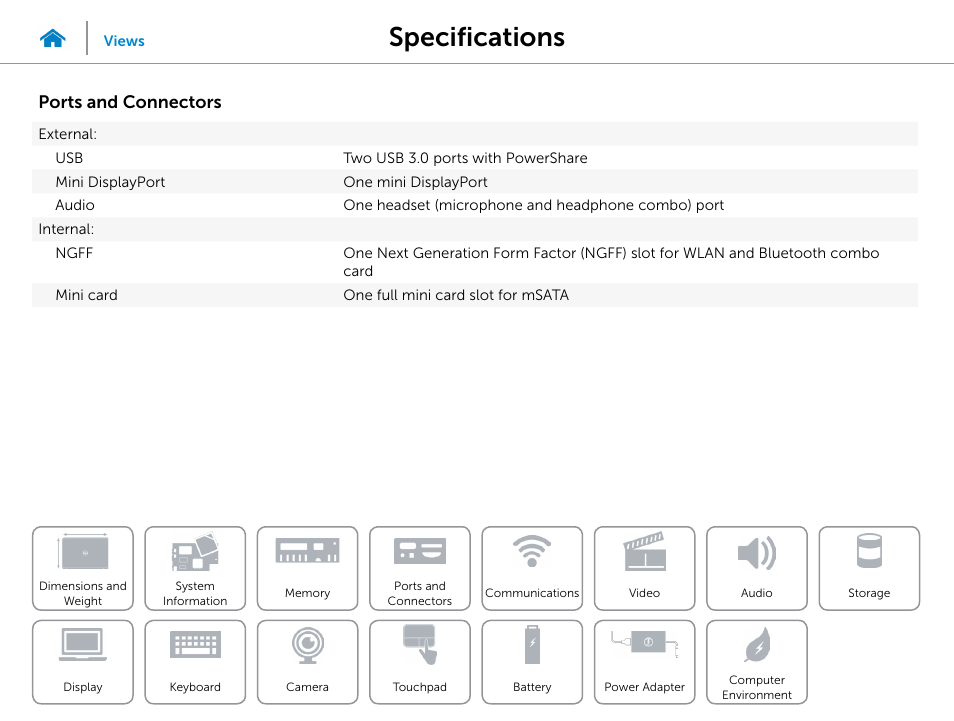 Ports and, Connectors, Specifications | Ports and connectors | Dell XPS 13 (9333, Late 2013) User Manual | Page 9 / 20