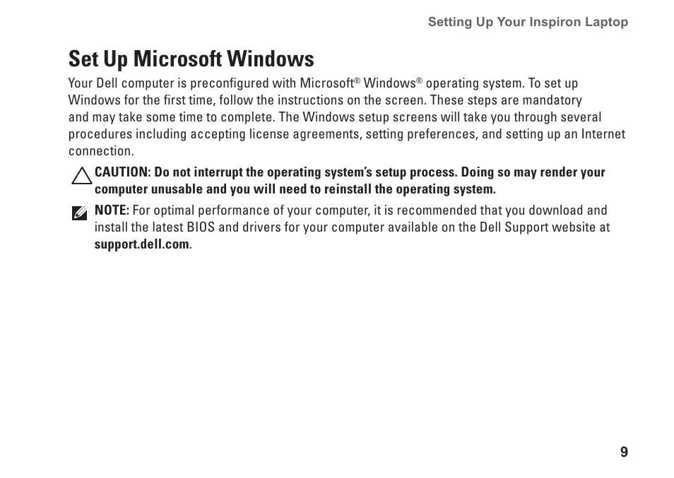 Set up microsoft windows | Dell Inspiron 15z (1570, Mid 2009) User Manual | Page 11 / 80