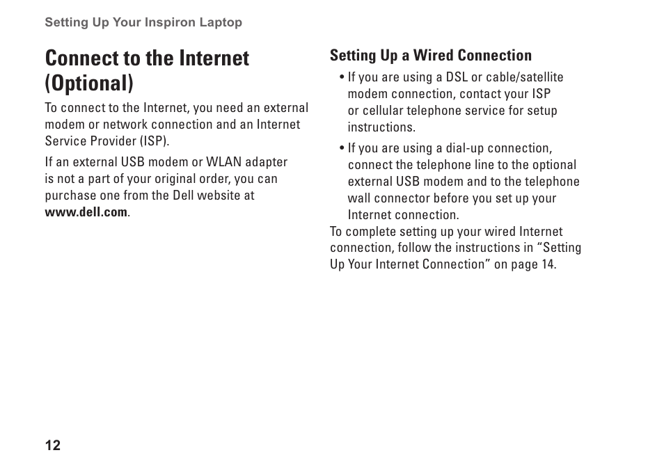 Connect to the internet (optional) | Dell Inspiron 15z (1570, Mid 2009) User Manual | Page 14 / 80