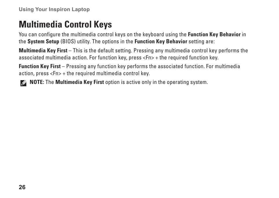 Multimedia control keys | Dell Inspiron 15z (1570, Mid 2009) User Manual | Page 28 / 80