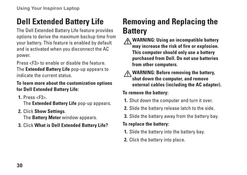 Dell extended battery life, Removing and replacing the battery | Dell Inspiron 15z (1570, Mid 2009) User Manual | Page 32 / 80