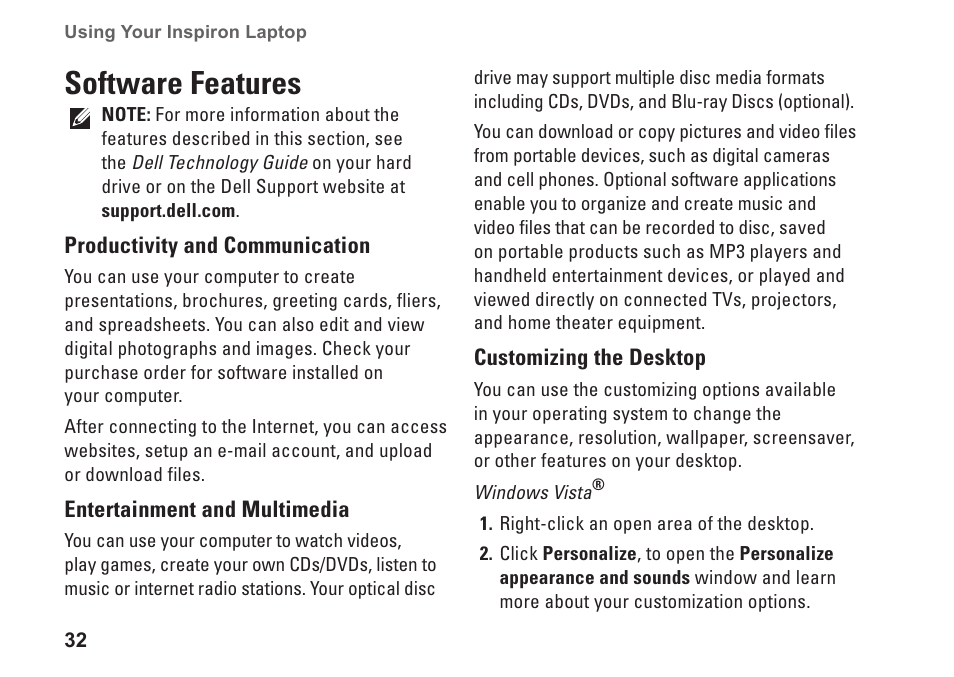 Software features | Dell Inspiron 15z (1570, Mid 2009) User Manual | Page 34 / 80