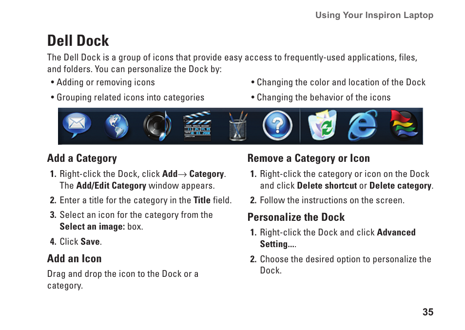 Dell dock | Dell Inspiron 15z (1570, Mid 2009) User Manual | Page 37 / 80
