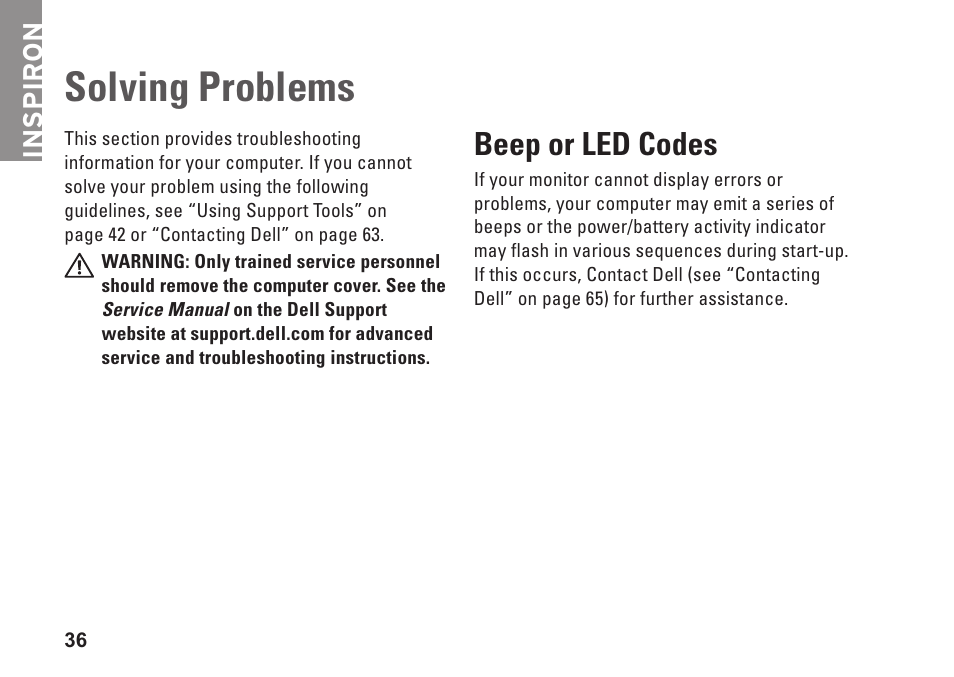 Solving problems, Beep or led codes, Inspiron | Dell Inspiron 15z (1570, Mid 2009) User Manual | Page 38 / 80