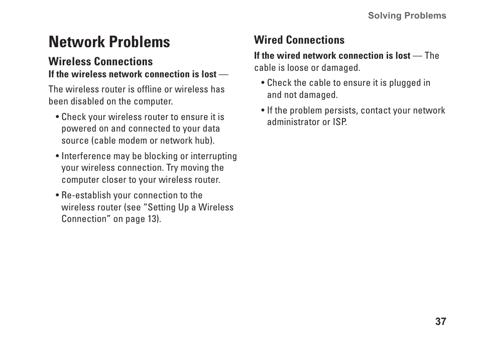 Network problems | Dell Inspiron 15z (1570, Mid 2009) User Manual | Page 39 / 80