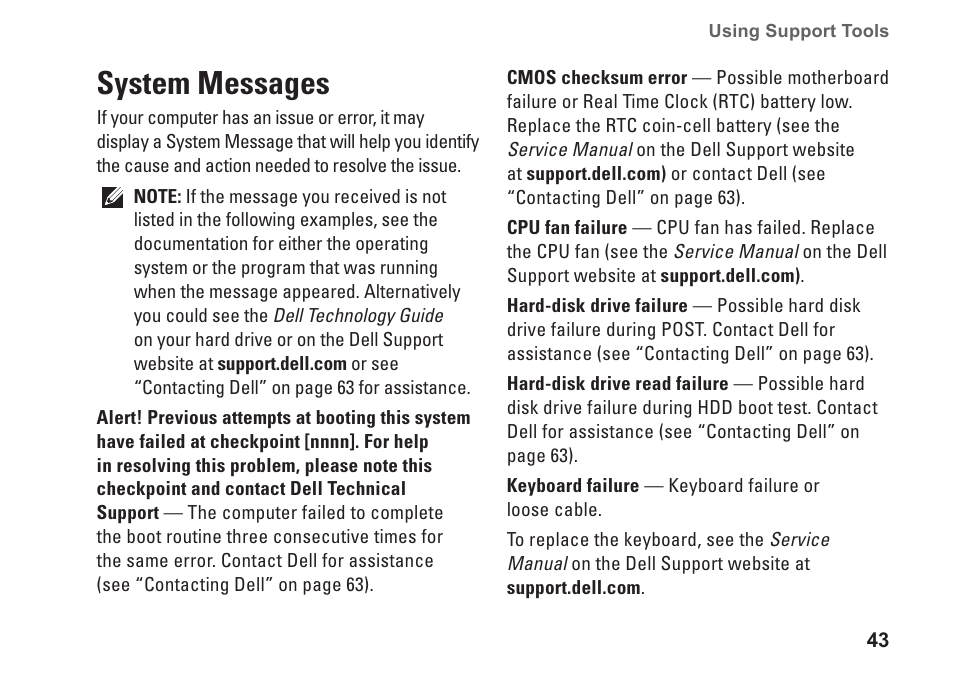 System messages | Dell Inspiron 15z (1570, Mid 2009) User Manual | Page 45 / 80