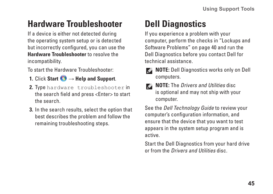 Hardware troubleshooter, Dell diagnostics, Hardware troubleshooter dell diagnostics | Dell Inspiron 15z (1570, Mid 2009) User Manual | Page 47 / 80