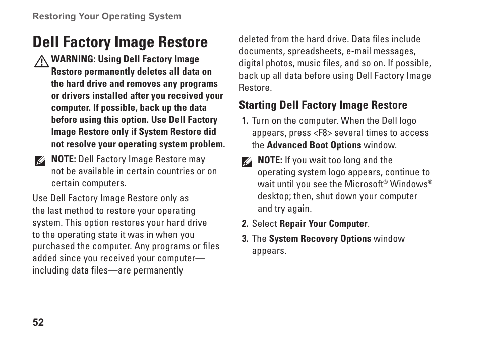 Dell factory image restore | Dell Inspiron 15z (1570, Mid 2009) User Manual | Page 54 / 80