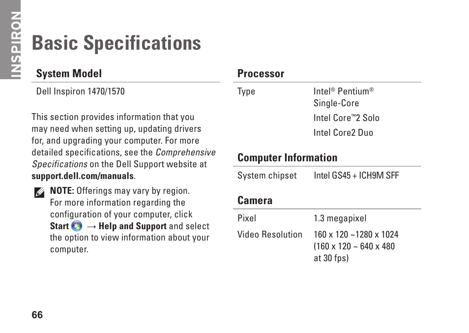 Basic specifications, Inspiron | Dell Inspiron 15z (1570, Mid 2009) User Manual | Page 68 / 80