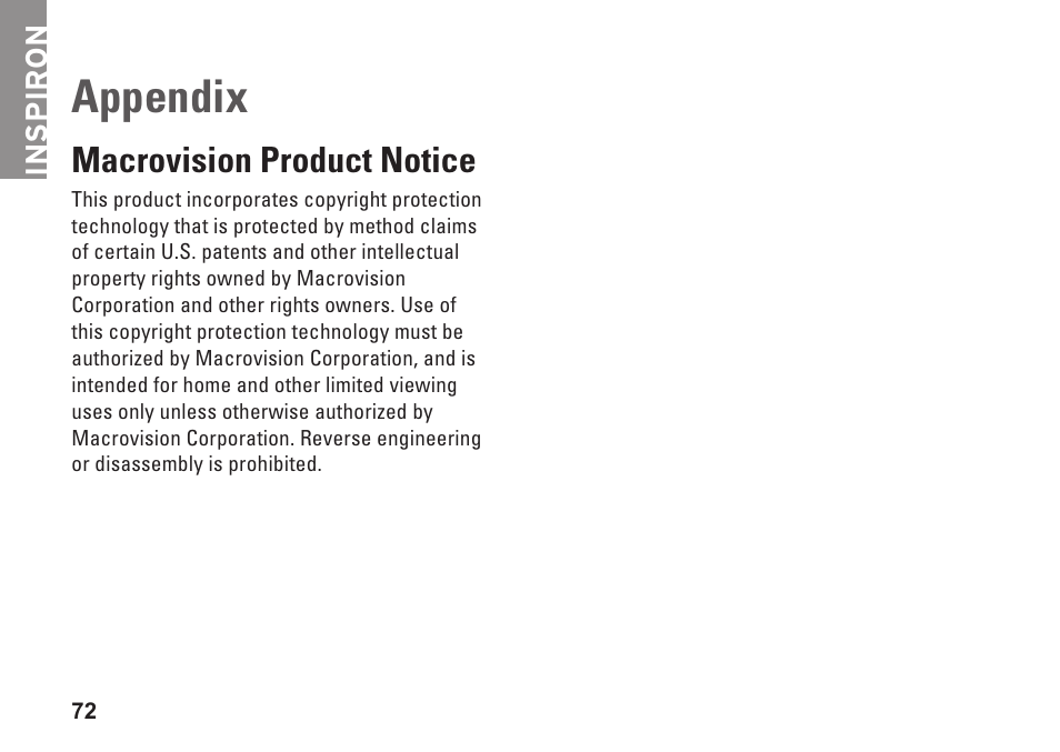 Appendix, Macrovision product notice, Inspiron | Dell Inspiron 15z (1570, Mid 2009) User Manual | Page 74 / 80