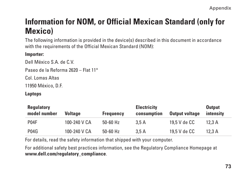 Information for nom, or official, Mexican standard (only for mexico) | Dell Inspiron 15z (1570, Mid 2009) User Manual | Page 75 / 80