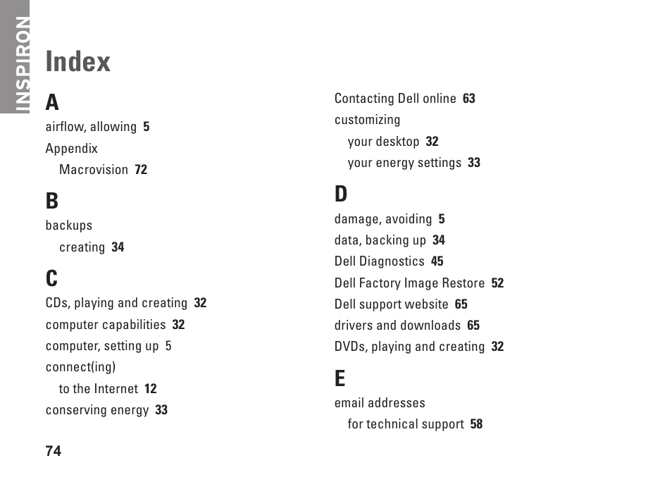 Index, Inspiron | Dell Inspiron 15z (1570, Mid 2009) User Manual | Page 76 / 80