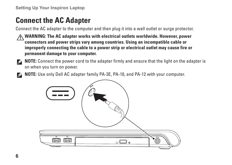 Connect the ac adapter | Dell Inspiron 15z (1570, Mid 2009) User Manual | Page 8 / 80
