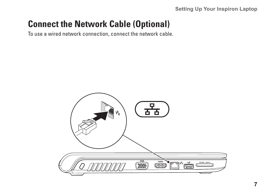 Connect the network cable (optional) | Dell Inspiron 15z (1570, Mid 2009) User Manual | Page 9 / 80