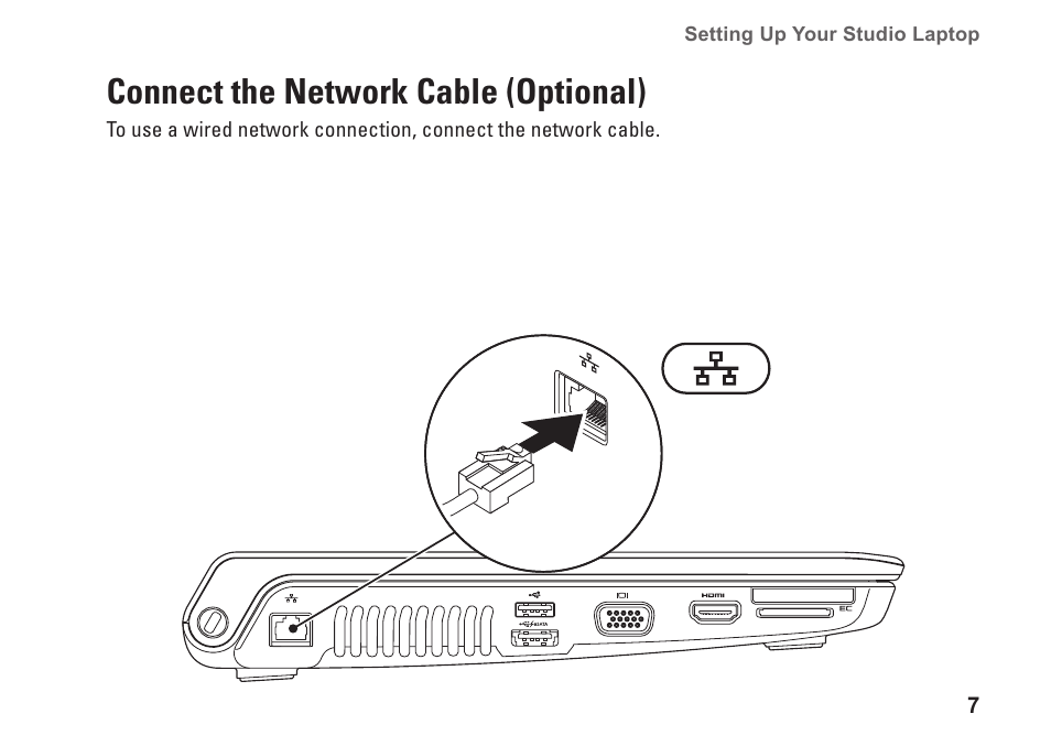 Connect the network cable (optional) | Dell Studio 1457 (Late 2009) User Manual | Page 9 / 94