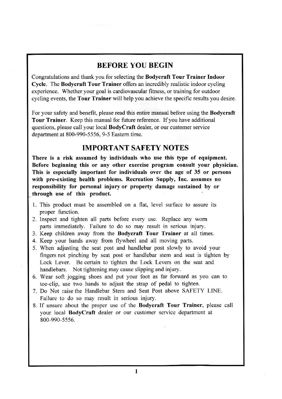 Before you begin | BodyCraft Tour Trainer Indoor Cycle User Manual | Page 2 / 11