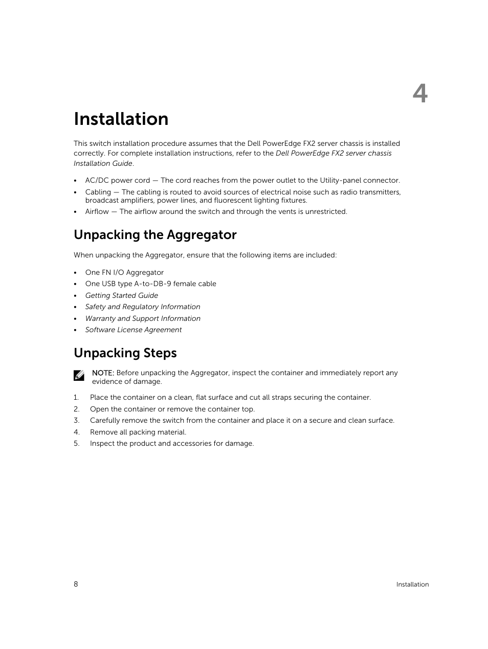 Installation, Unpacking the aggregator, Unpacking steps | Dell PowerEdge FX2/FX2s User Manual | Page 8 / 13