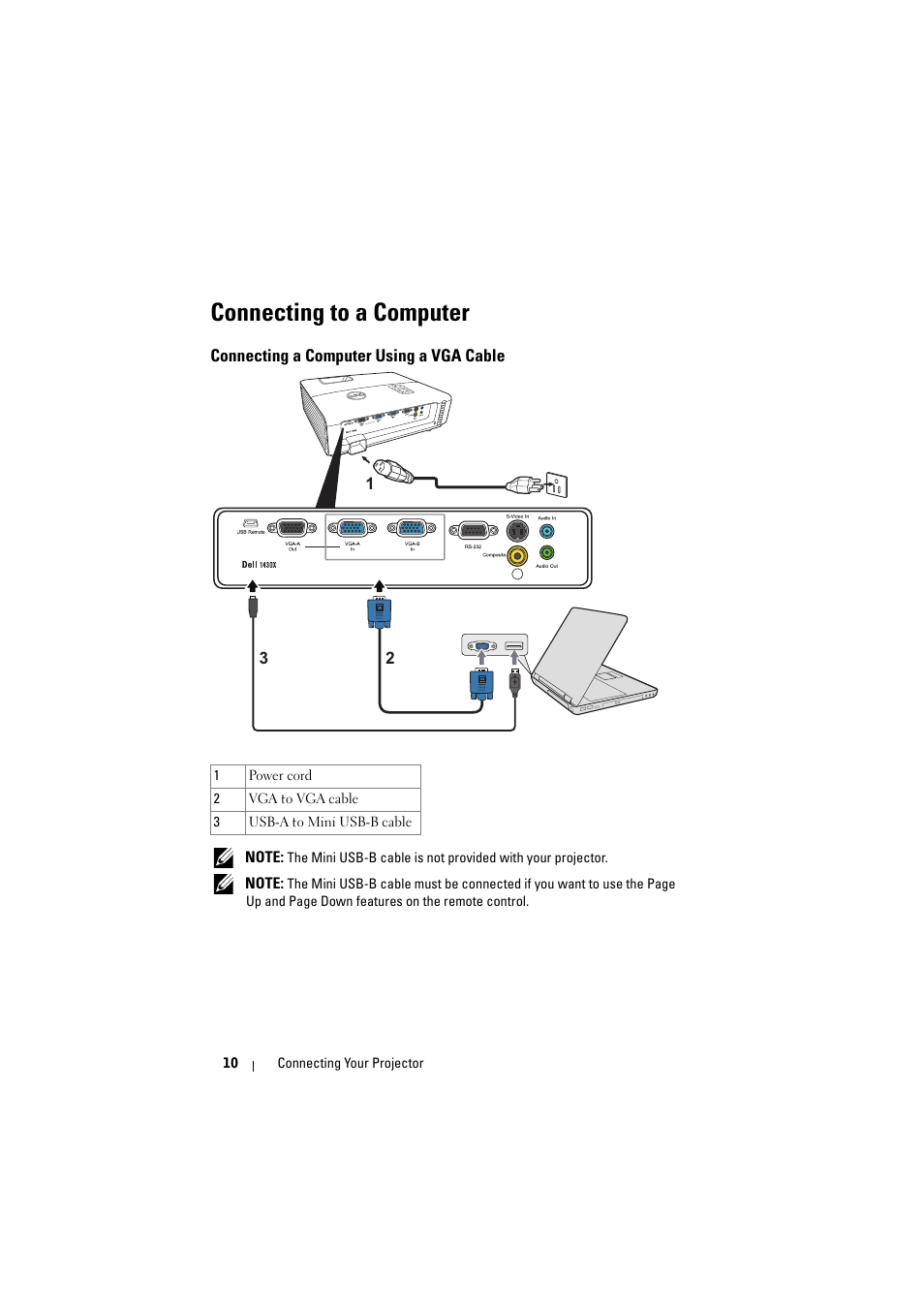Connecting to a computer, Connecting a computer using a vga cable | Dell 1430X Projector User Manual | Page 10 / 63