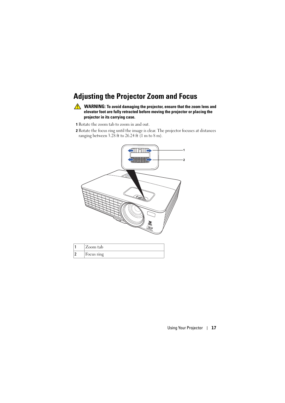 Adjusting the projector zoom and focus | Dell 1430X Projector User Manual | Page 17 / 63
