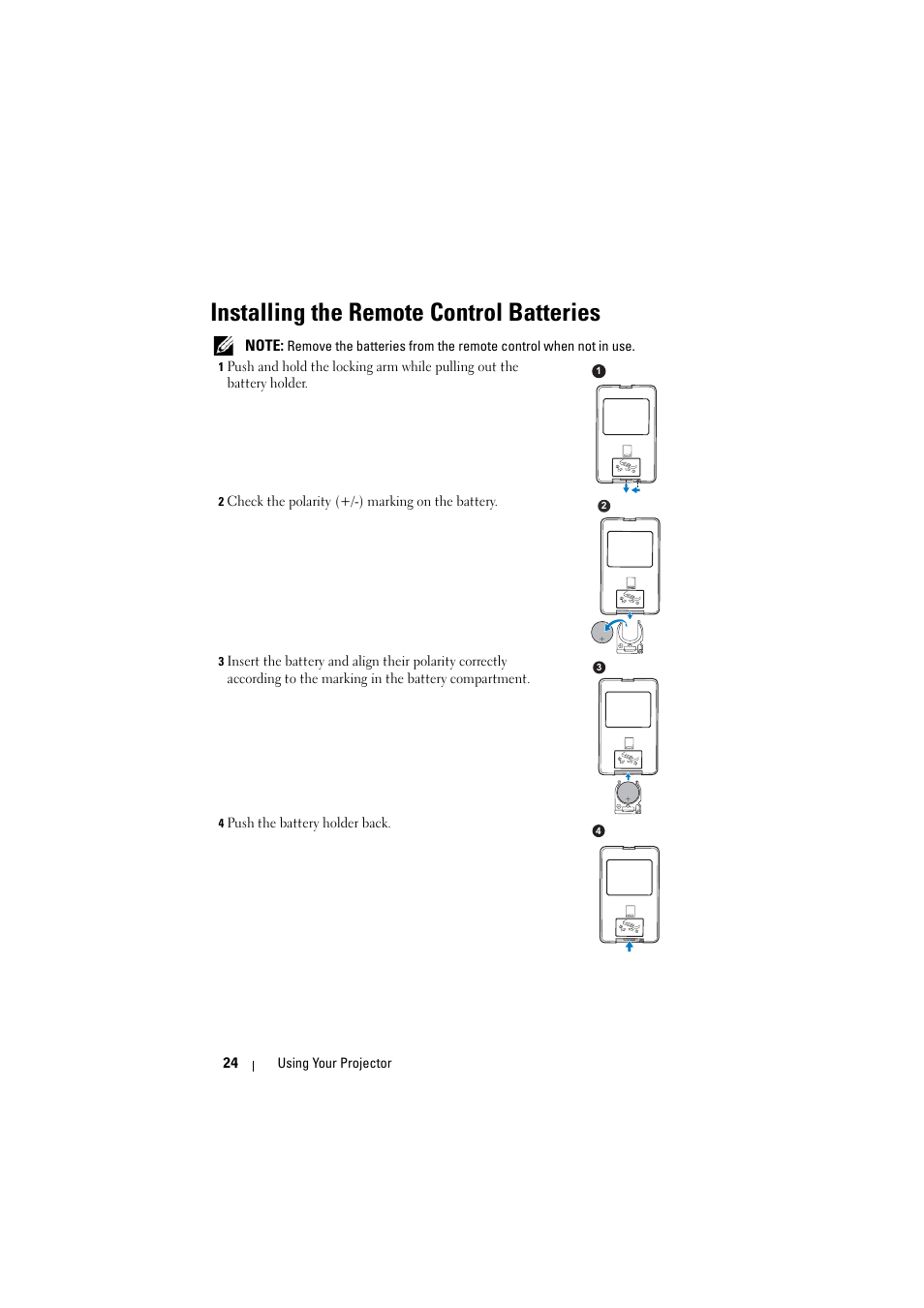 Installing the remote control batteries | Dell 1430X Projector User Manual | Page 24 / 63