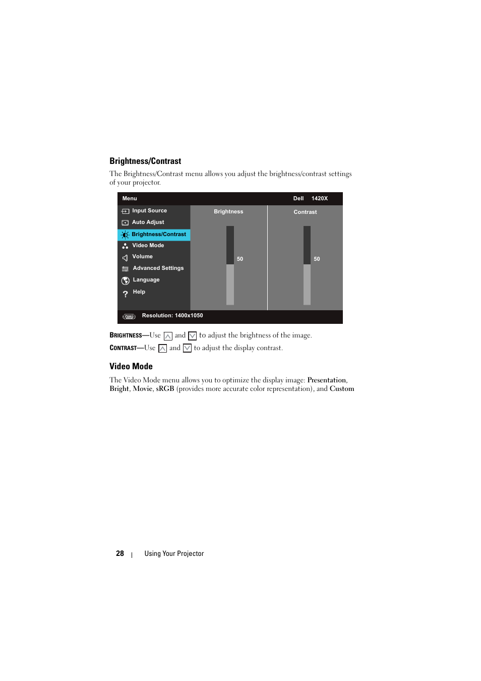 Brightness/contrast, Video mode | Dell 1430X Projector User Manual | Page 28 / 63