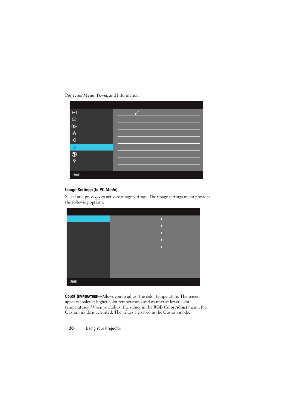 Image settings (in pc mode) | Dell 1430X Projector User Manual | Page 30 / 63