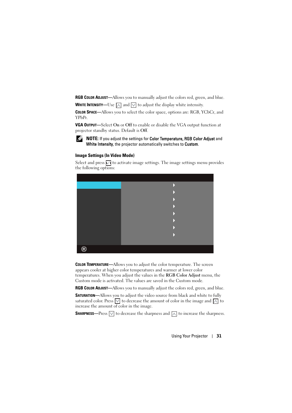 Image settings (in video mode) | Dell 1430X Projector User Manual | Page 31 / 63