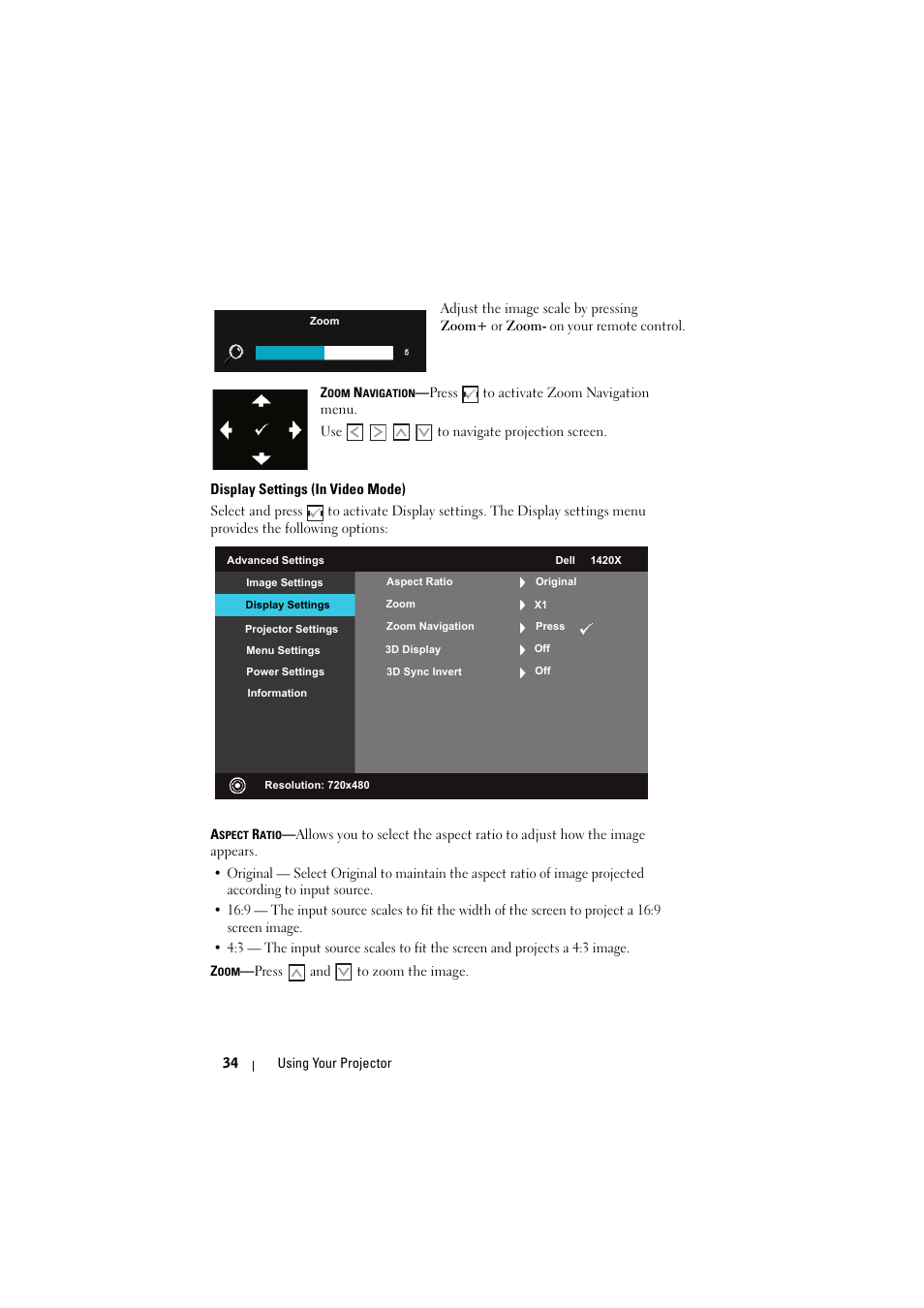 Display settings (in video mode) | Dell 1430X Projector User Manual | Page 34 / 63