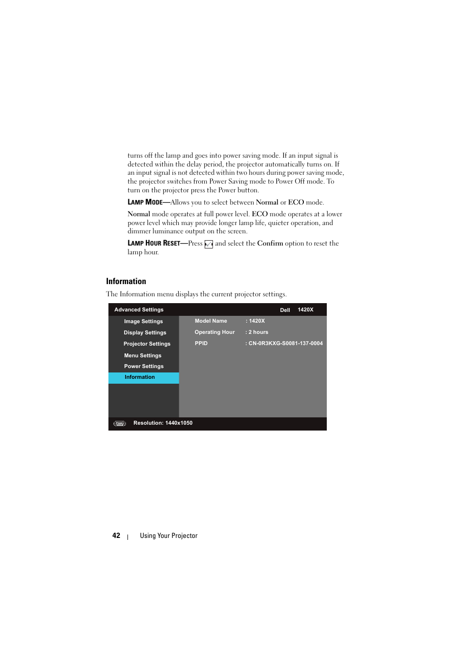 Information | Dell 1430X Projector User Manual | Page 42 / 63
