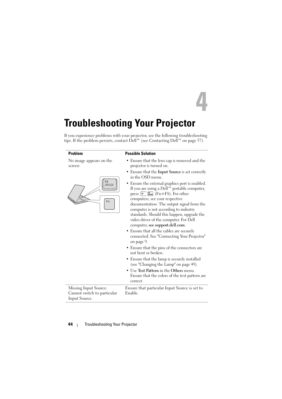 Troubleshooting your projector, See "troubleshooting your | Dell 1430X Projector User Manual | Page 44 / 63
