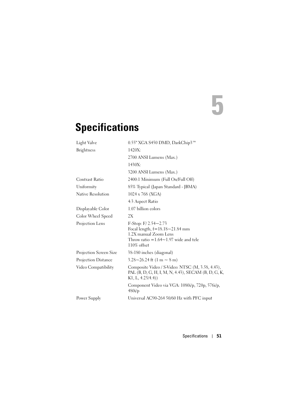 Specifications | Dell 1430X Projector User Manual | Page 51 / 63