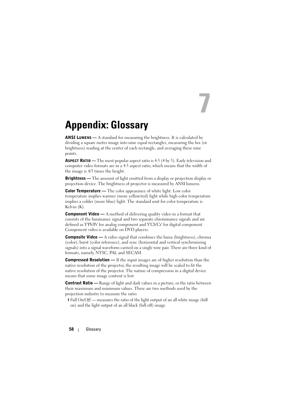 Appendix: glossary, Appendix, Glossary | Dell 1430X Projector User Manual | Page 58 / 63