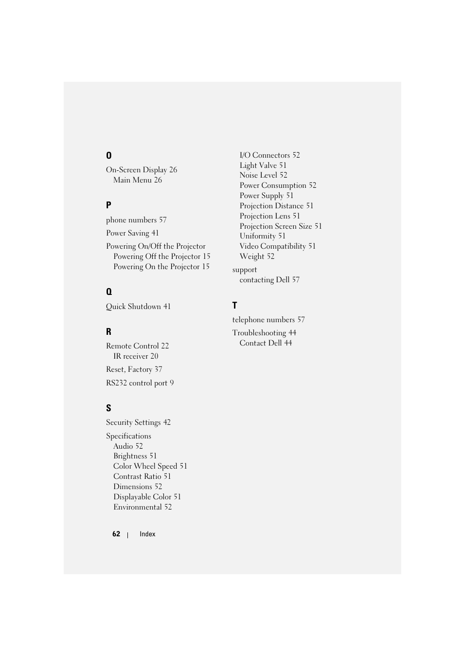 Index | Dell 1430X Projector User Manual | Page 62 / 63