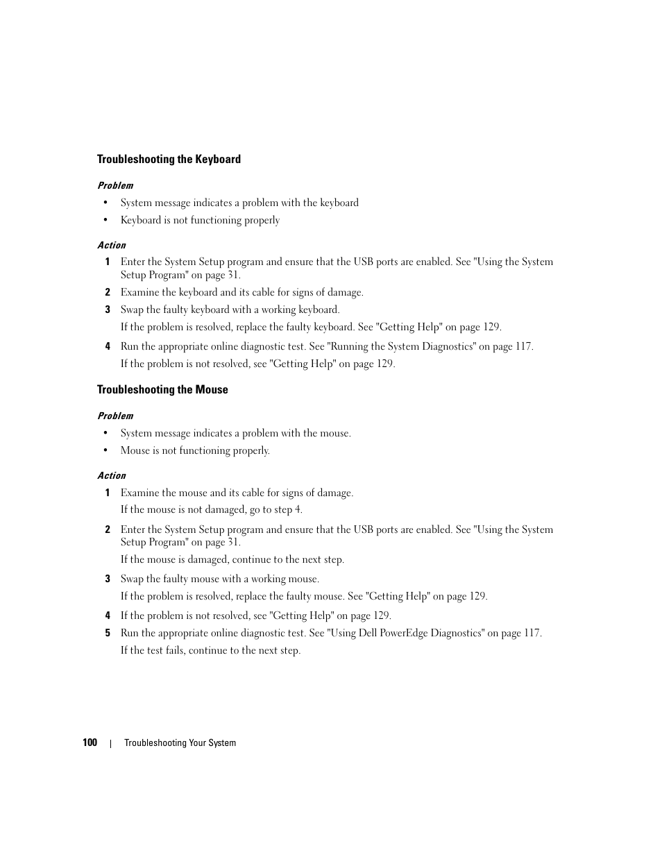 Troubleshooting the keyboard, Troubleshooting the mouse | Dell PowerEdge 6950 User Manual | Page 100 / 166