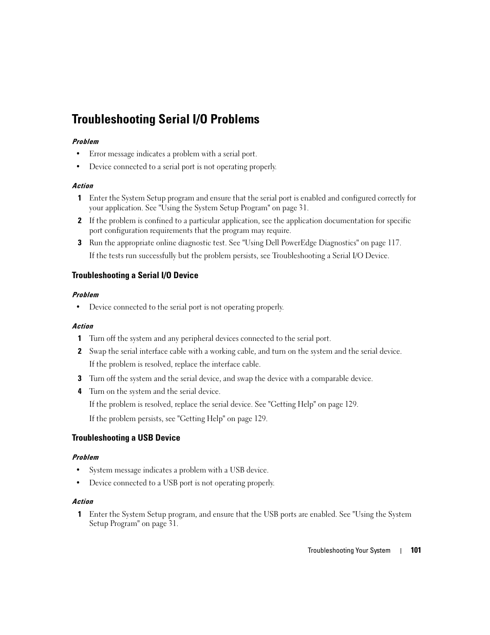 Troubleshooting serial i/o problems, Troubleshooting a serial i/o device, Troubleshooting a usb device | Dell PowerEdge 6950 User Manual | Page 101 / 166
