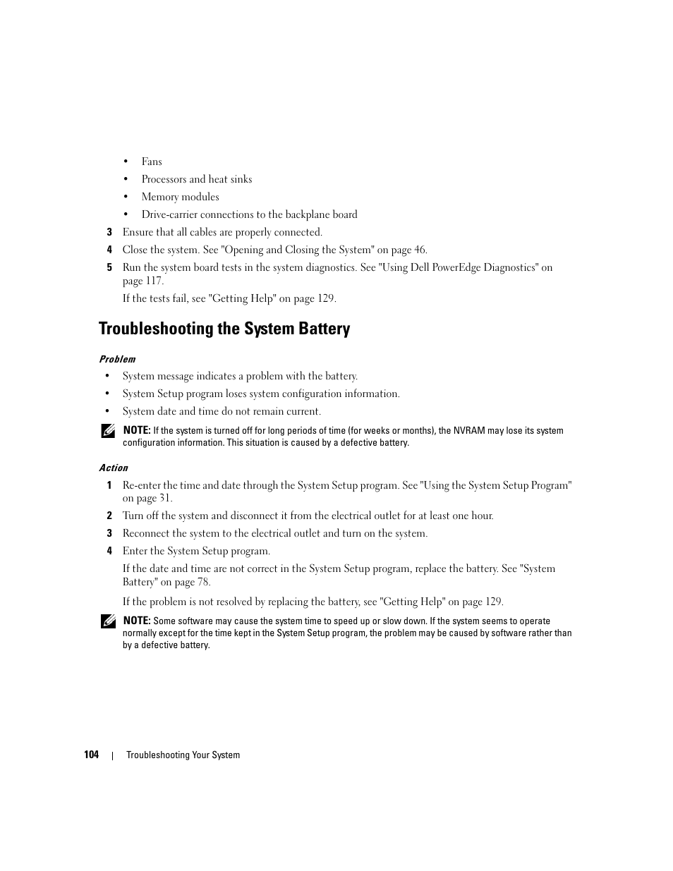 Troubleshooting the system battery | Dell PowerEdge 6950 User Manual | Page 104 / 166