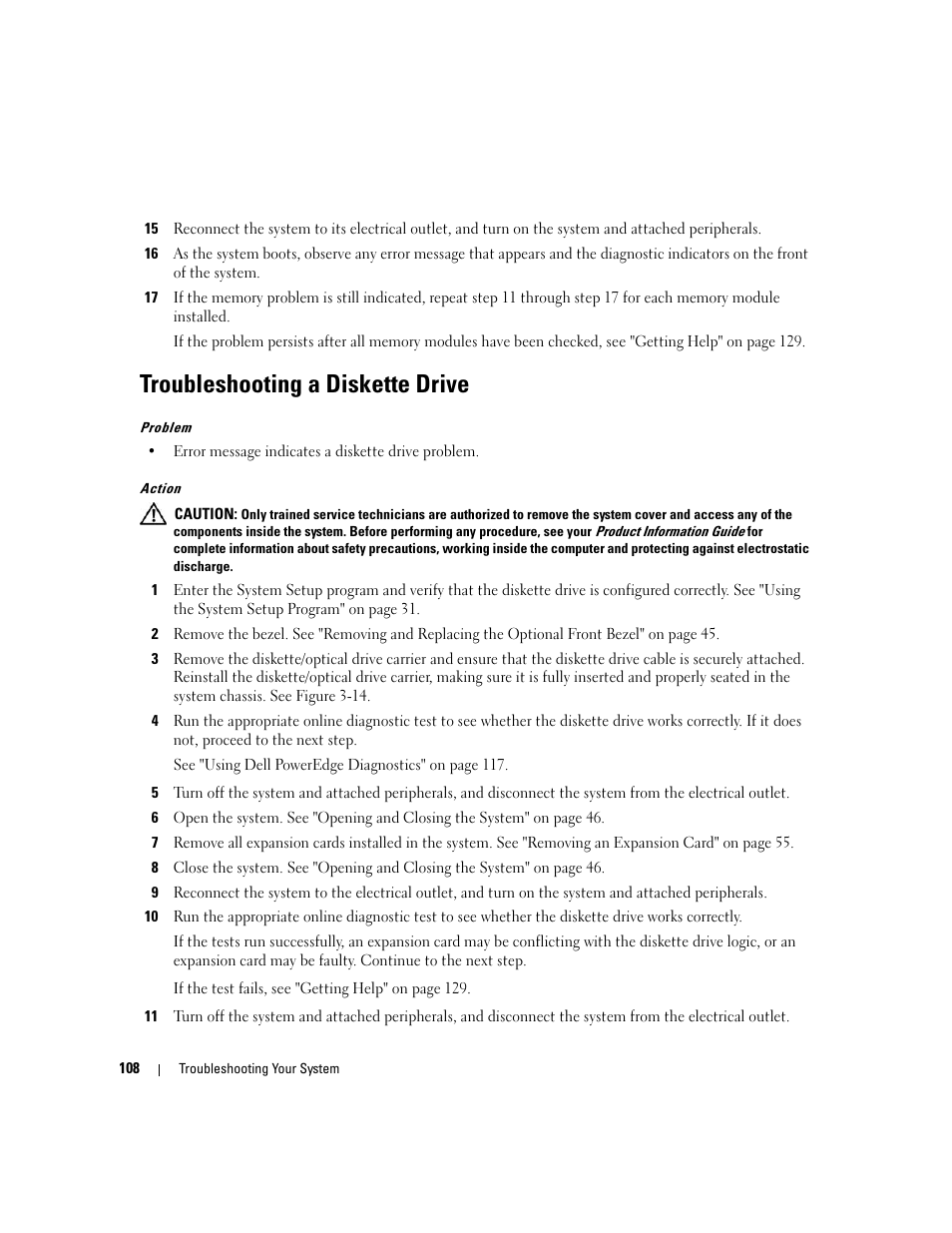 Troubleshooting a diskette drive | Dell PowerEdge 6950 User Manual | Page 108 / 166