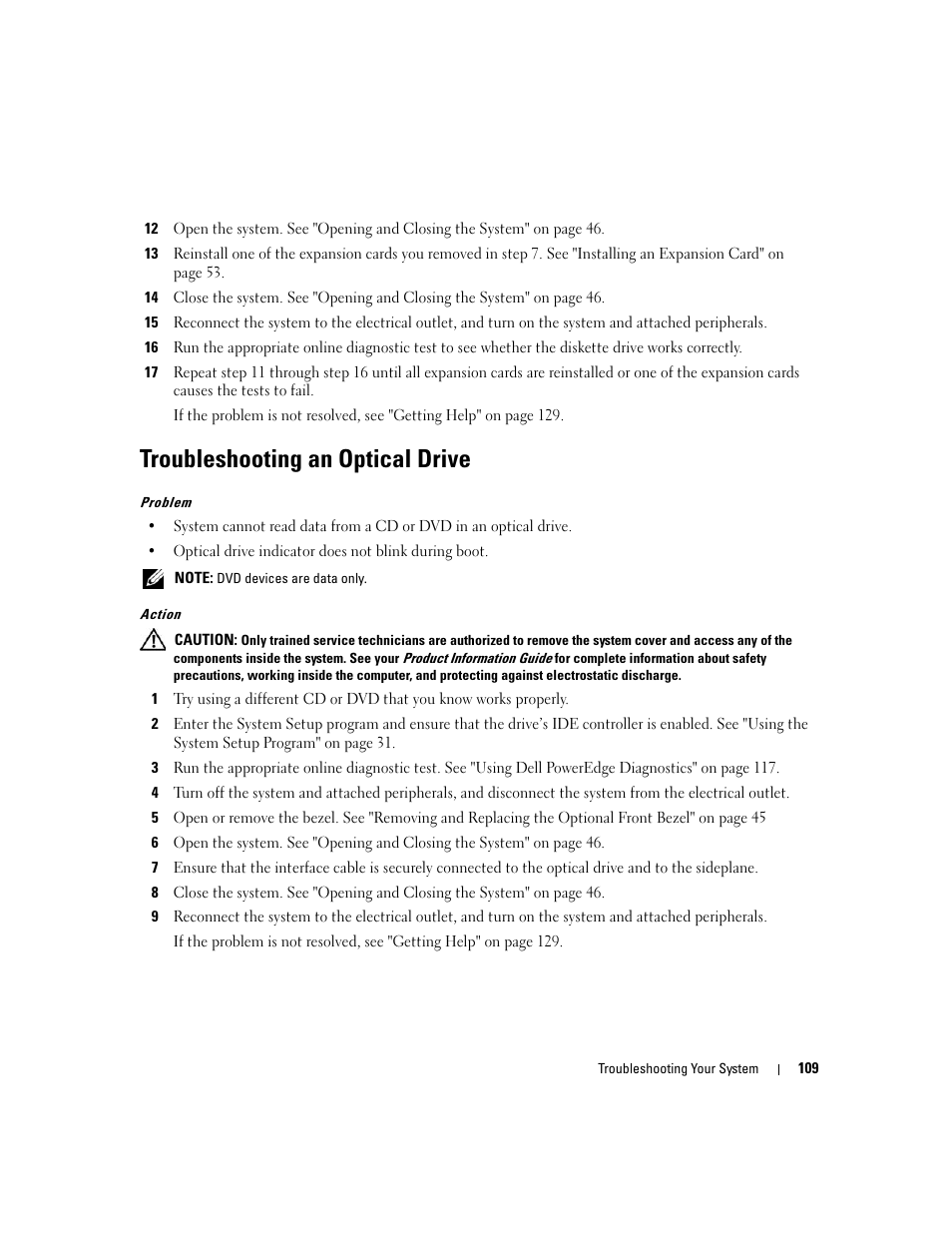 Troubleshooting an optical drive, 17 for each memory module | Dell PowerEdge 6950 User Manual | Page 109 / 166