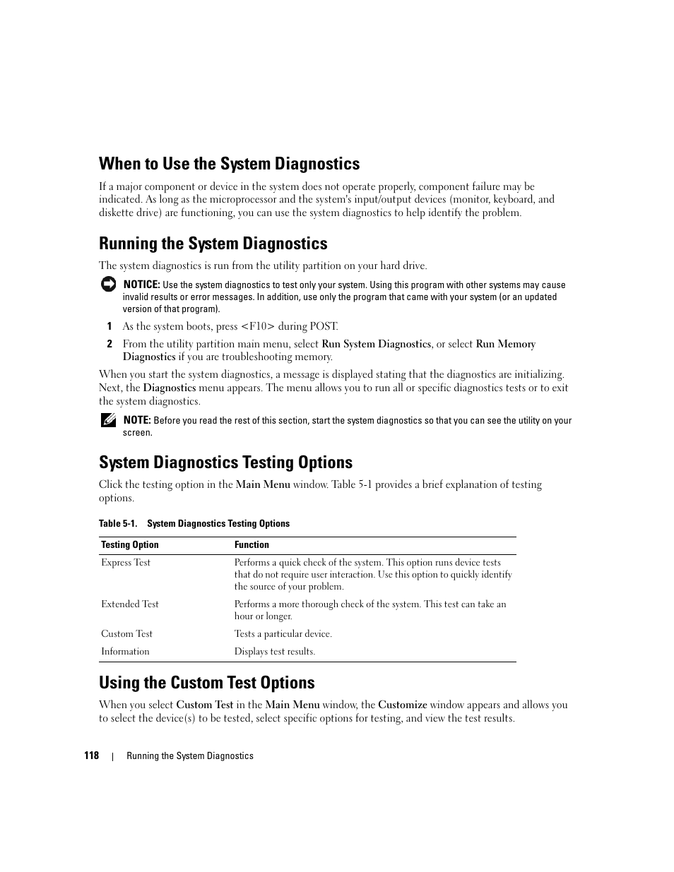 When to use the system diagnostics, Running the system diagnostics, System diagnostics testing options | Using the custom test options | Dell PowerEdge 6950 User Manual | Page 118 / 166