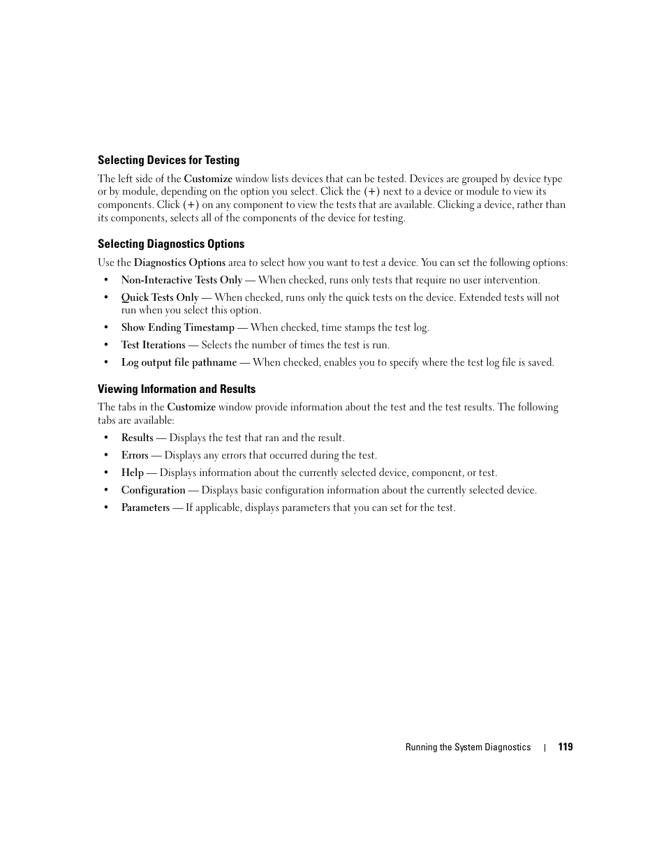 Selecting devices for testing, Selecting diagnostics options, Viewing information and results | Dell PowerEdge 6950 User Manual | Page 119 / 166
