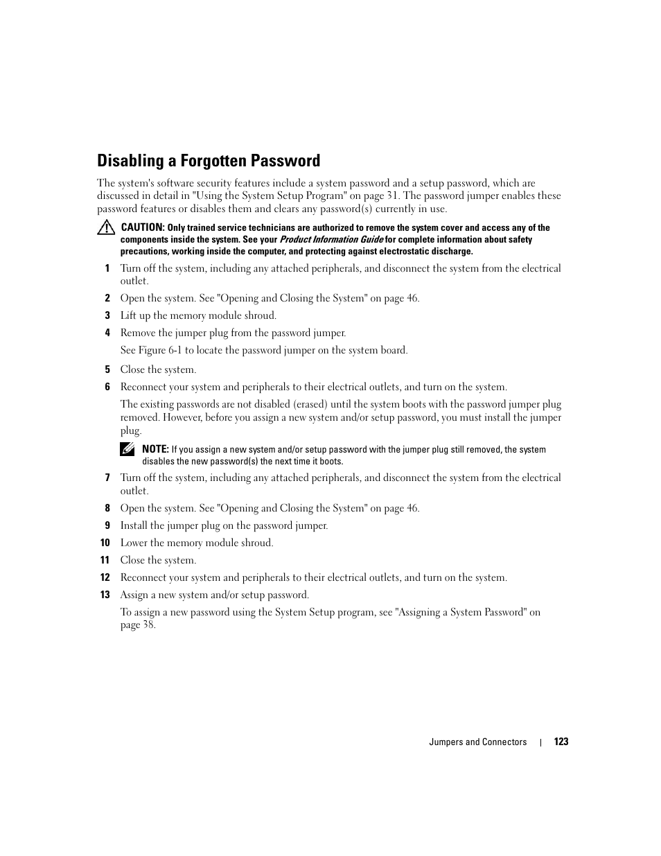 Disabling a forgotten password | Dell PowerEdge 6950 User Manual | Page 123 / 166