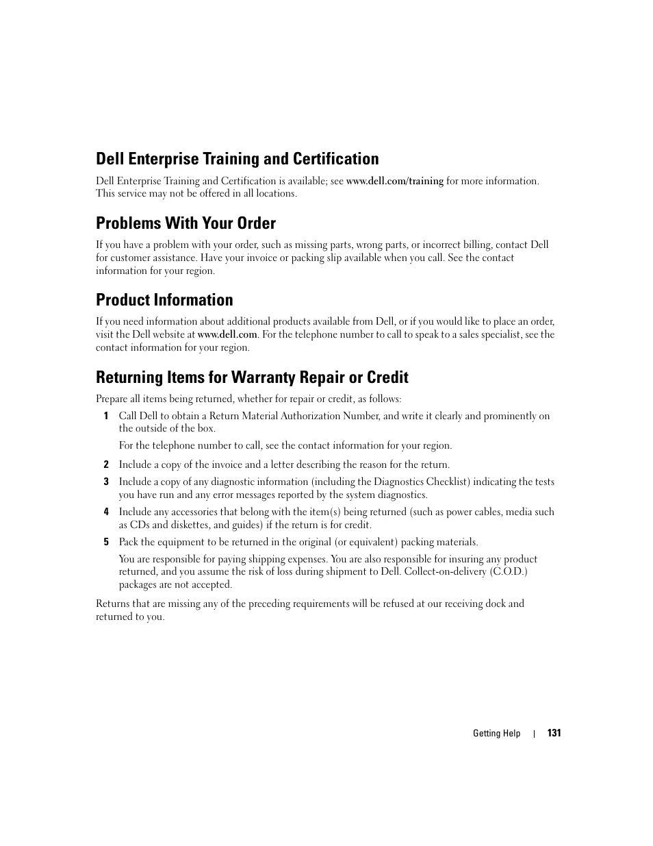 Dell enterprise training and certification, Problems with your order, Product information | Returning items for warranty repair or credit | Dell PowerEdge 6950 User Manual | Page 131 / 166