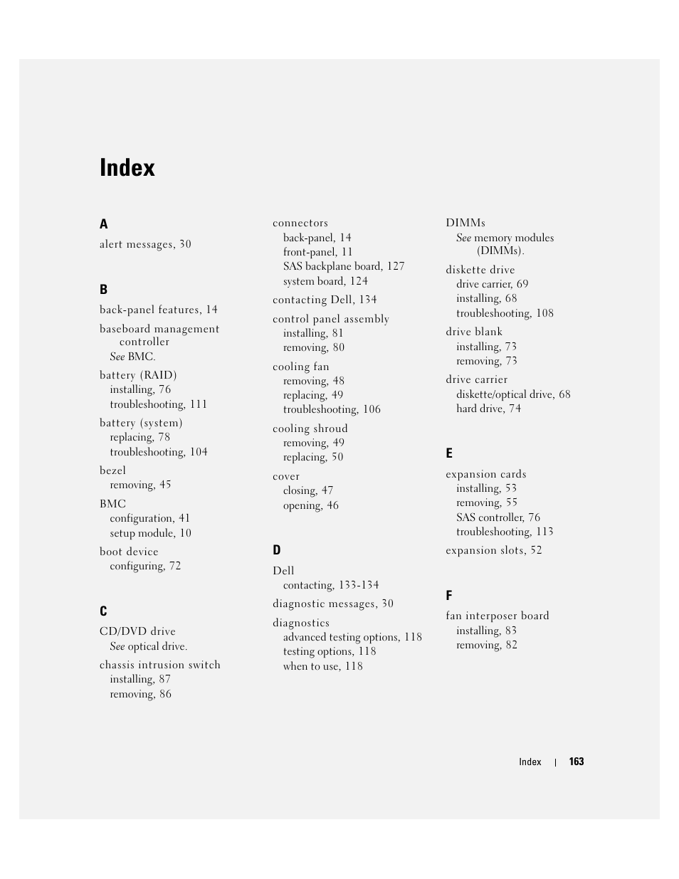 Index | Dell PowerEdge 6950 User Manual | Page 163 / 166