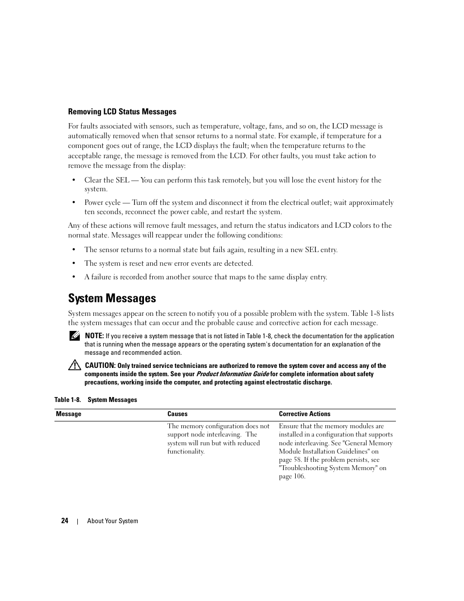 Removing lcd status messages, System messages | Dell PowerEdge 6950 User Manual | Page 24 / 166