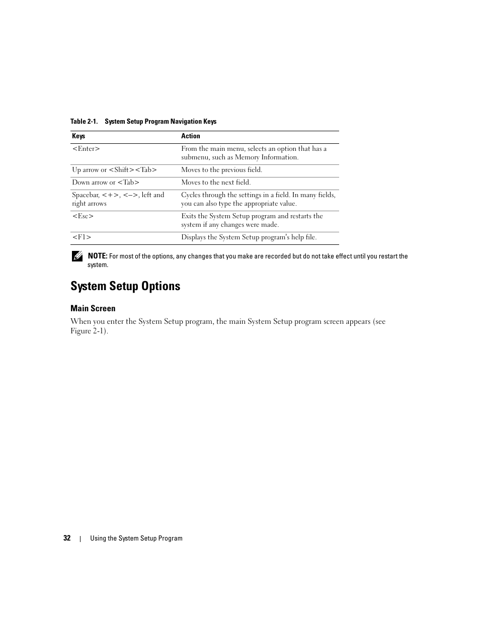 System setup options, Main screen | Dell PowerEdge 6950 User Manual | Page 32 / 166