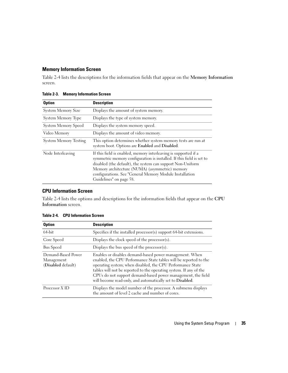 Memory information screen, Cpu information screen | Dell PowerEdge 6950 User Manual | Page 35 / 166