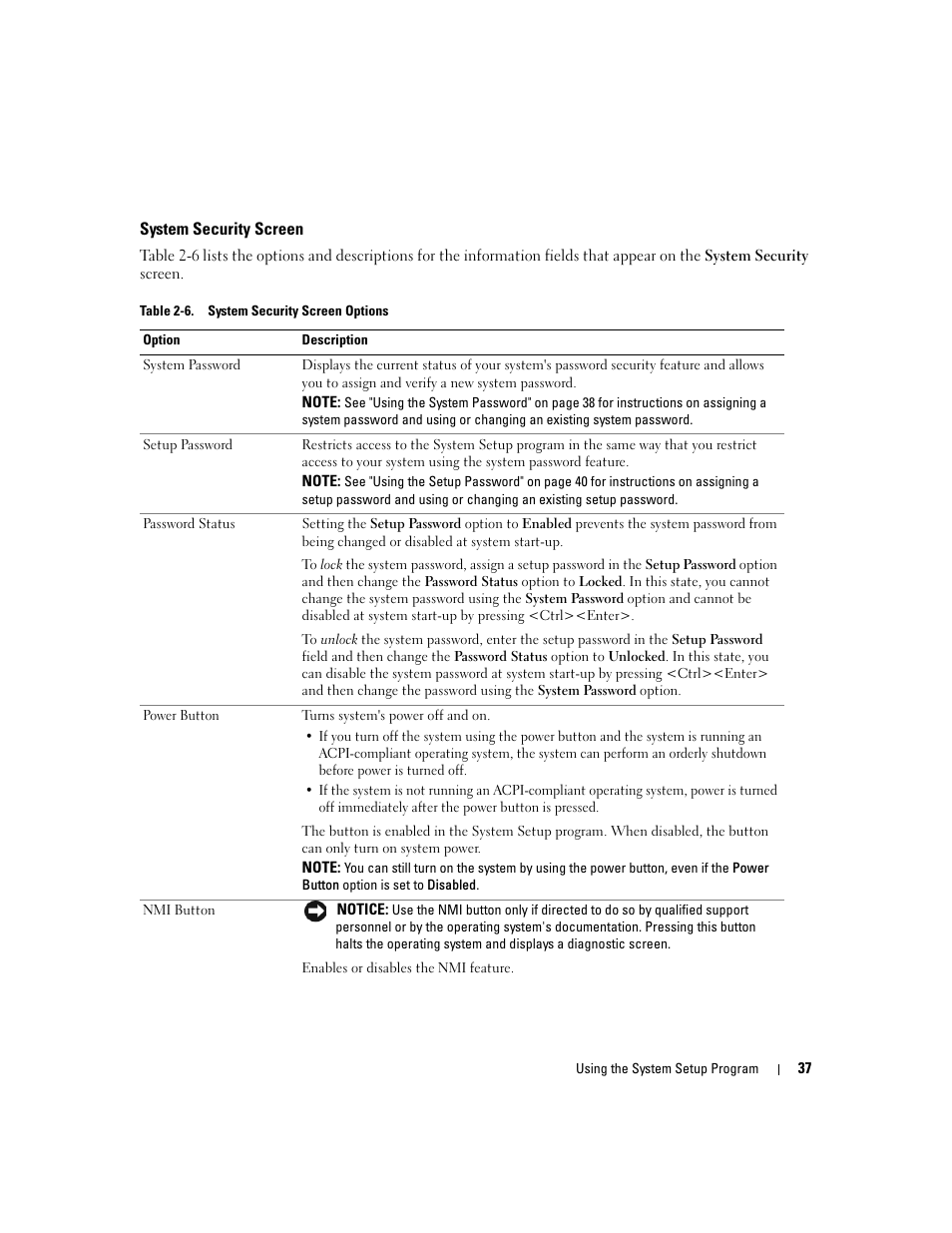 System security screen | Dell PowerEdge 6950 User Manual | Page 37 / 166