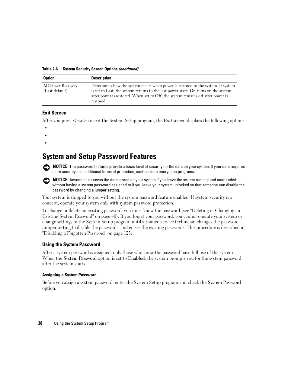 Exit screen, System and setup password features, Using the system password | Dell PowerEdge 6950 User Manual | Page 38 / 166