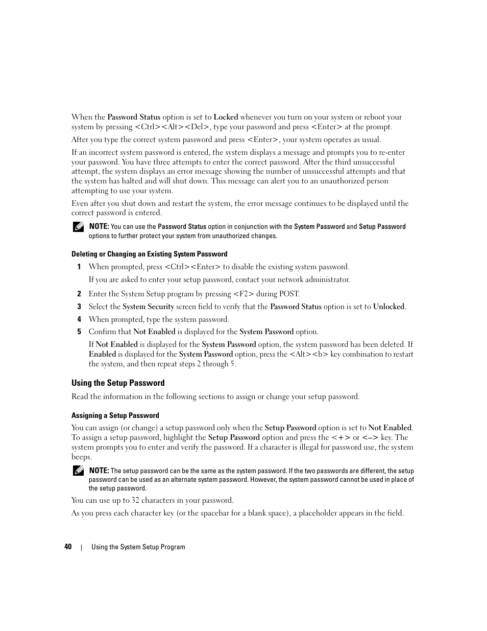 Using the setup password | Dell PowerEdge 6950 User Manual | Page 40 / 166